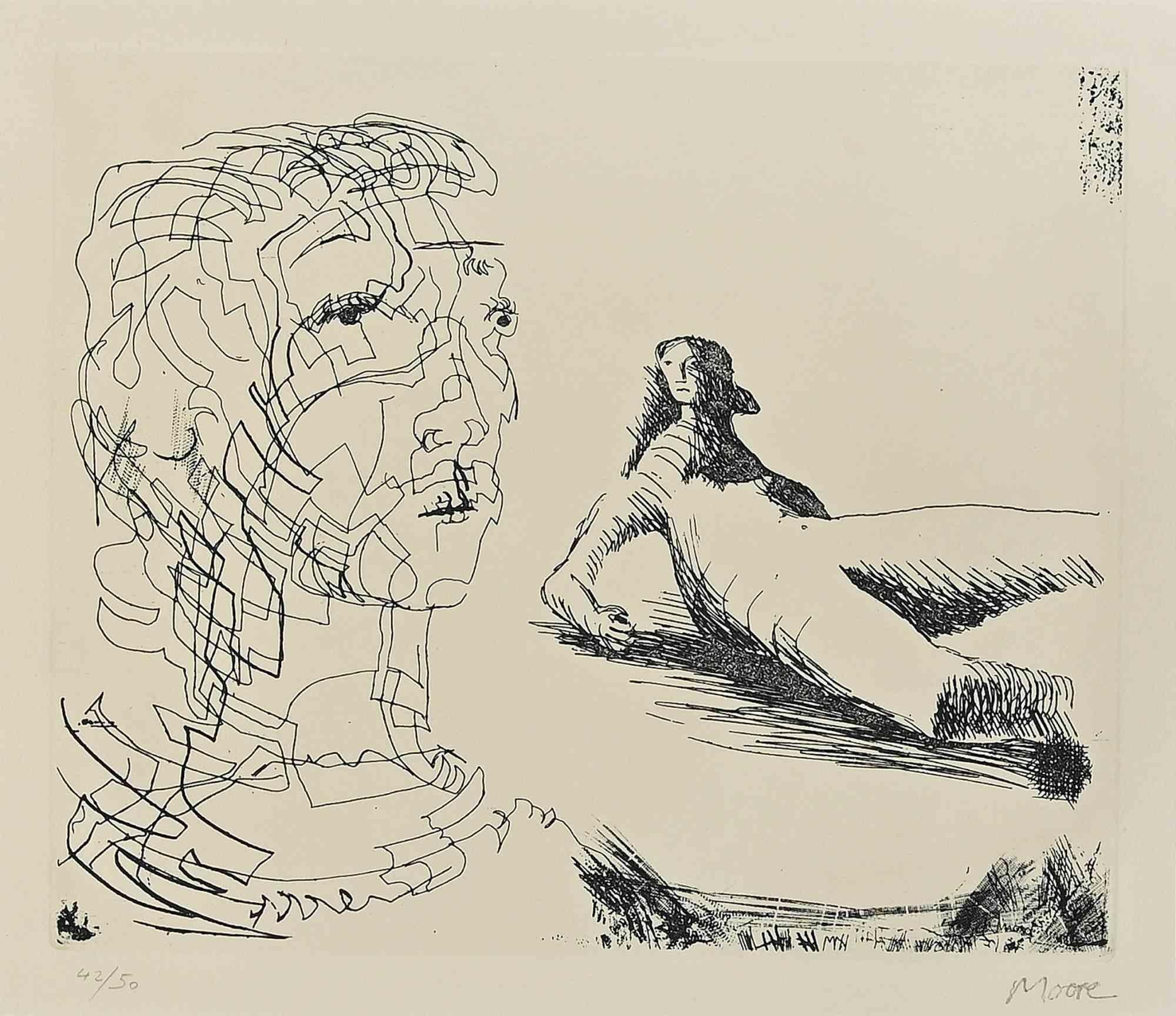 Head of Girl and Reclyning Figure is an original modern artwork realized by Henry Moore in 1979.

Black and white etching.

 Hand signed and numbered. Edition 42/50.

Good condition.

Includes matte and decorated wooden frame: 63 x 4 x 81.5