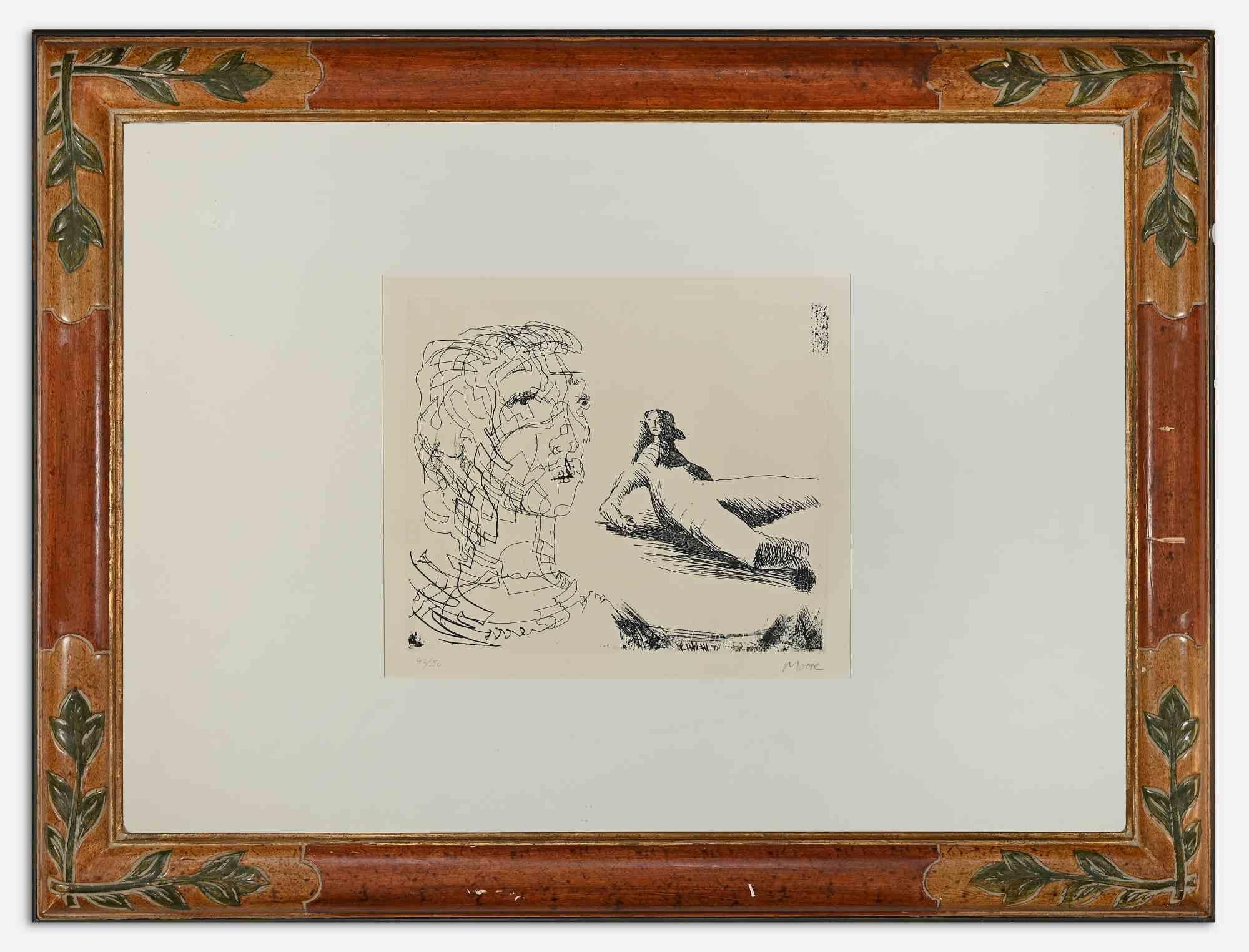 Head of Girl and Reclyning Figure - Etching by Henry Moore - 1979 1