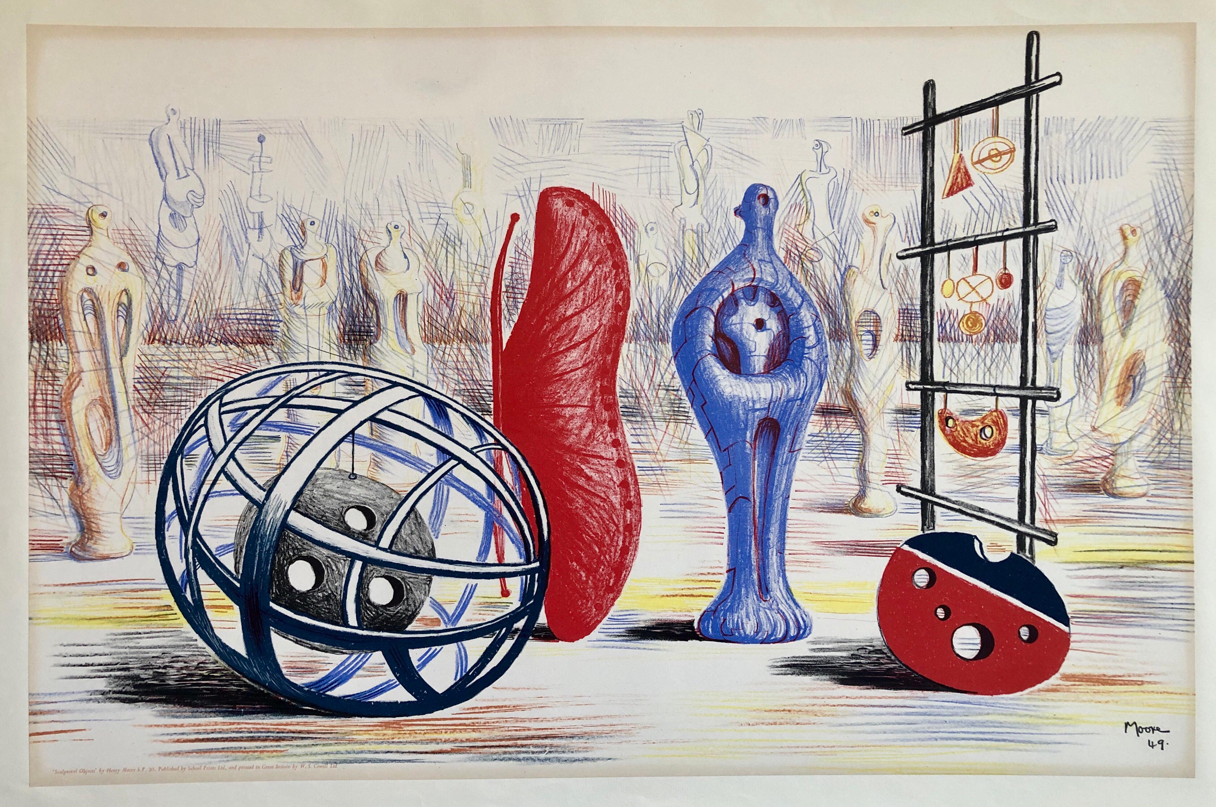 Henry Moore 1949 Schuldrucke Rote Skulptur Lithographie „Skulpturen von Objekten“ 1