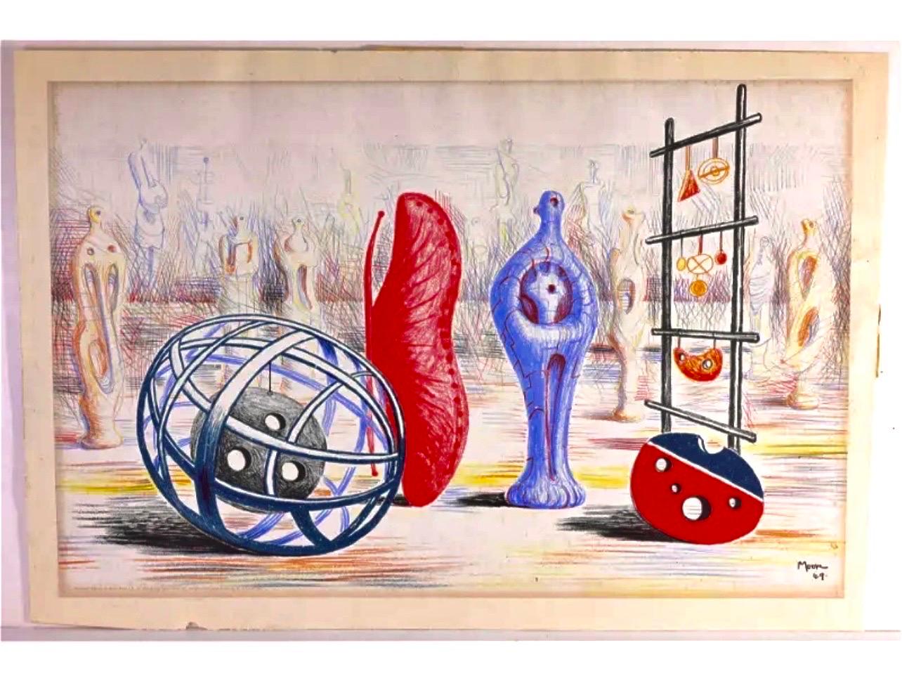 Henry Moore 1949 School Prints Red Sculpture Lithographie «sculptural Objects » (Objets sculpturaux) 1