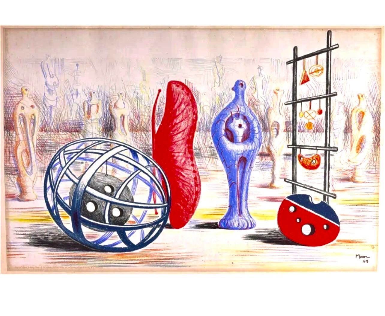Henry Moore 1949 School Prints Rote Skulptur Lithographie „Skulptur-Objekte“ 2