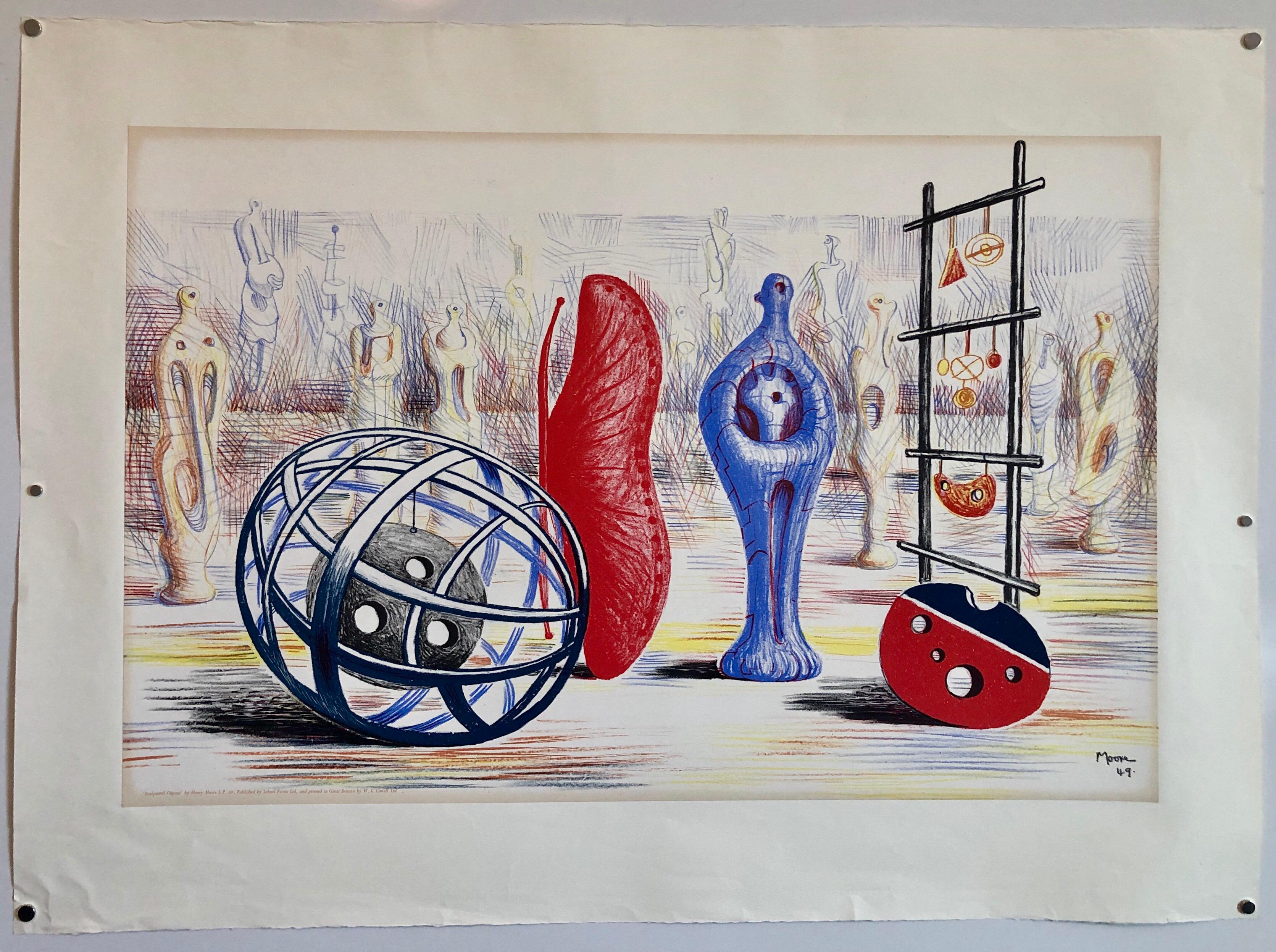 Henry Moore 1949 Schuldrucke Rote Skulptur Lithographie „Skulpturen von Objekten“ 6