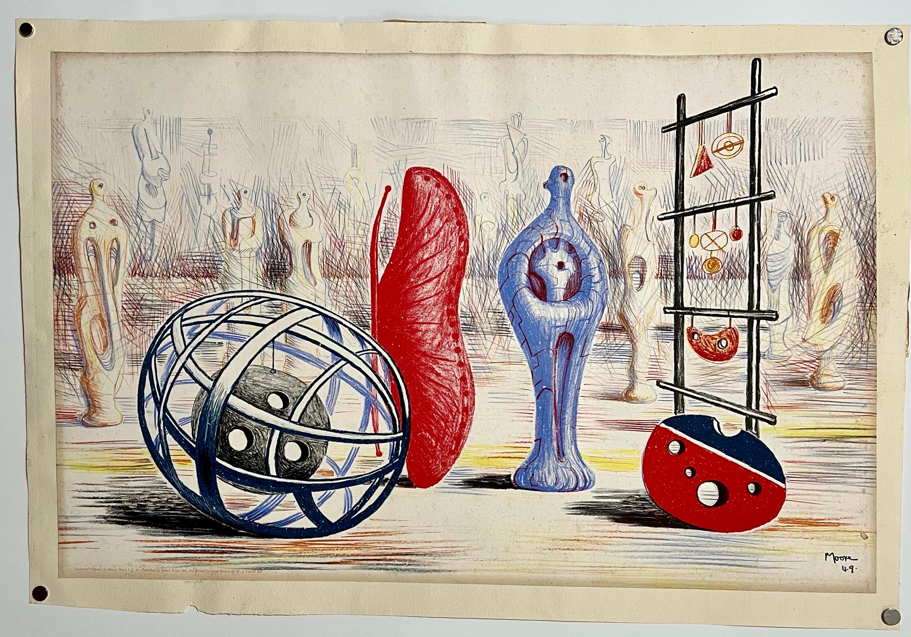 Henry Moore 1949 School Prints Rote Skulptur Lithographie „Skulptur-Objekte“ 6