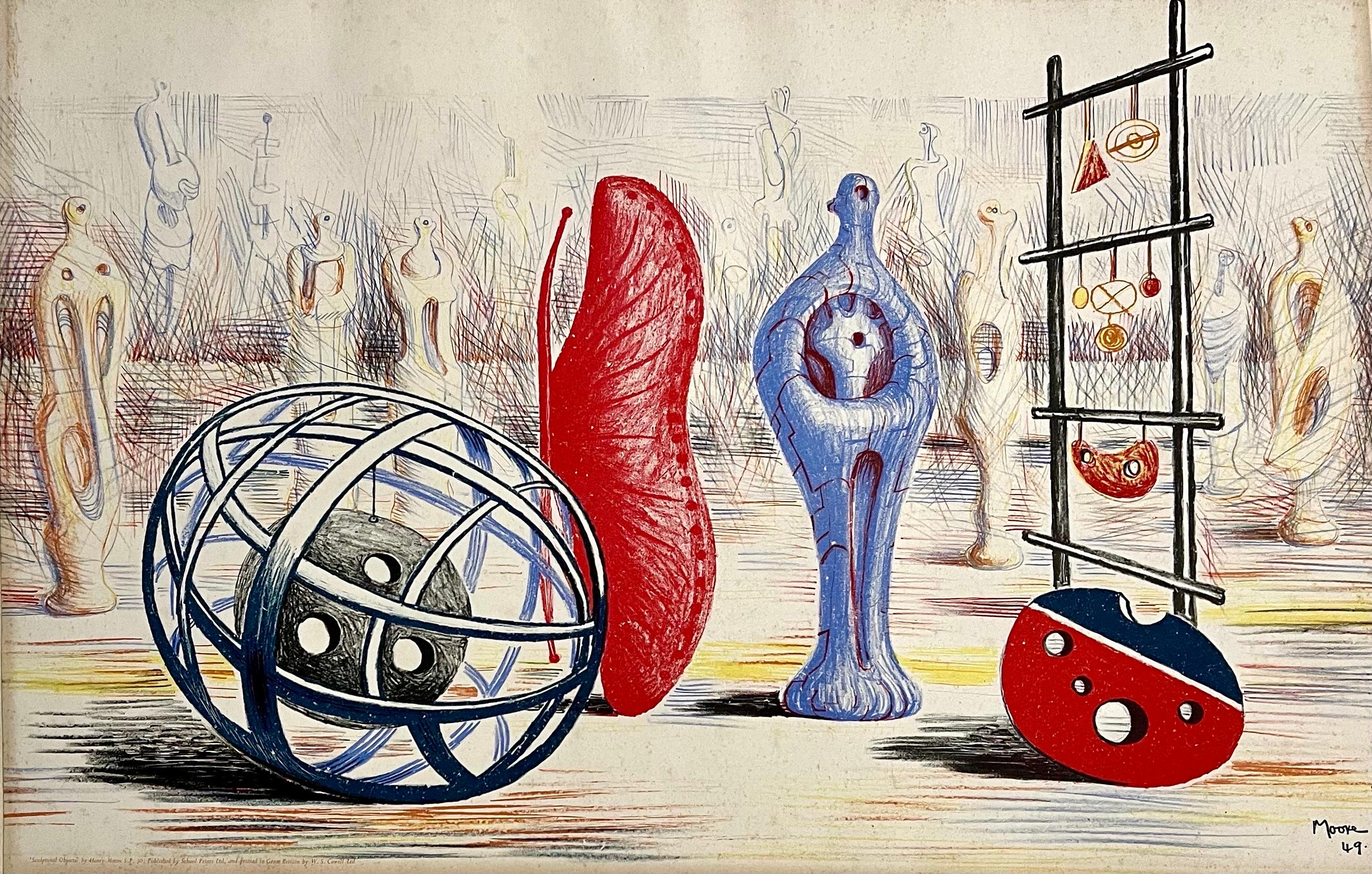 Henry Moore (britannique, 1898 - 1986) 
"Objets sculpturaux" - 1949 
Lithographie, signée dans la planche. 
Monté sur le support de la feuille d'appui
Taille de l'image : 19.5 x 30 in. 
Taille de la feuille : 22 x 32.5 in. 
Imprimé par W.S. Cowell