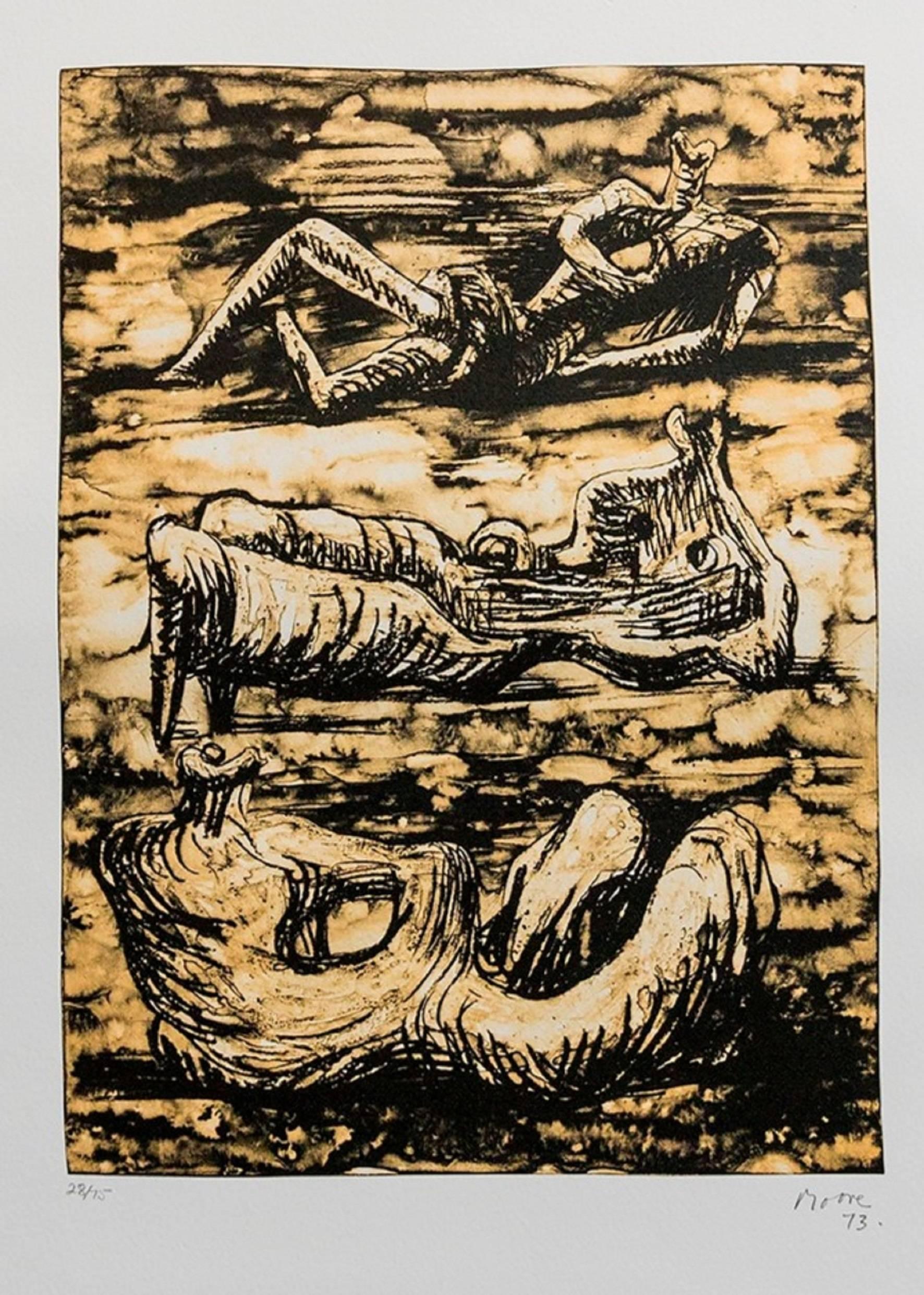 Henry Moore, lithographie de 1973, édition 28/75, figures de nus couchés