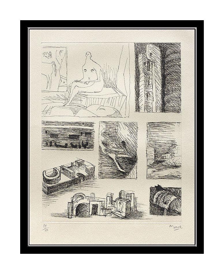 HENRY MOORE Etching HAND SIGNED Authentic Art Ideas For Bronze Sculpture Print - Beige Figurative Print by Henry Moore