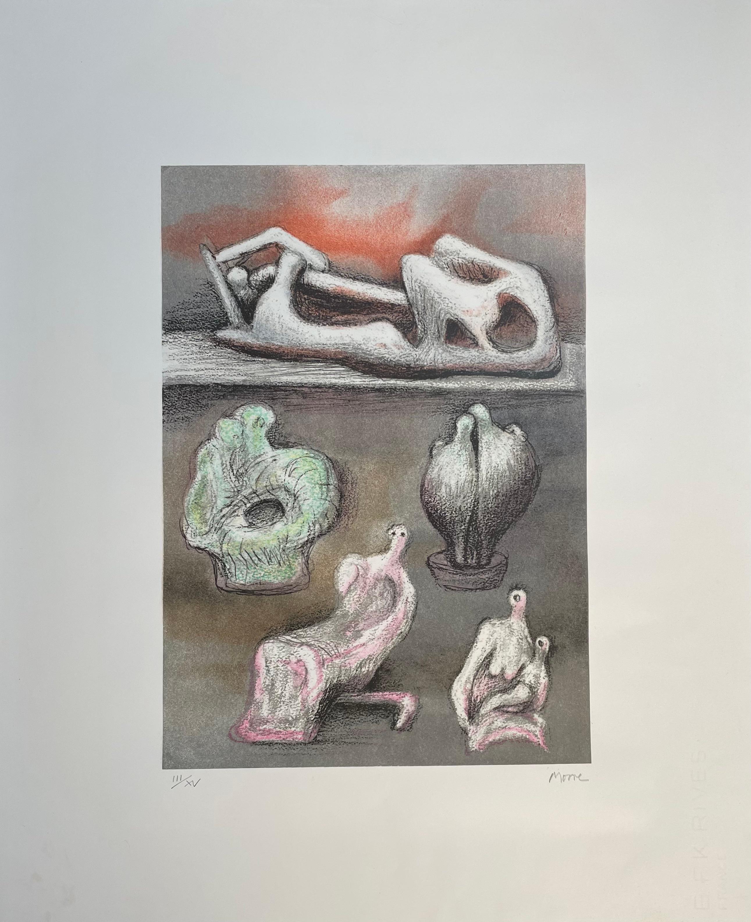 Henry Moore
Cinq idées de sculptures 
1981
Lithographie originale, signée à la main
Format du papier : 21.5 x 17.5 pouces, Format de l'image : 14 x 10 pouces
A partir d'une édition de 50
Cat No : 610
