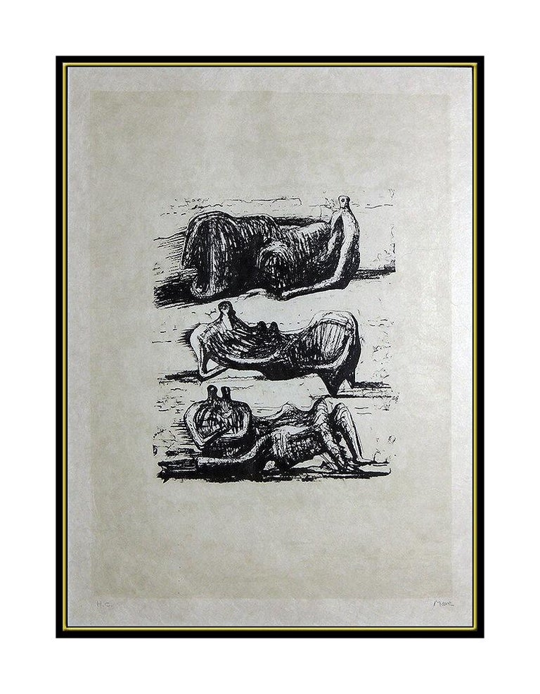 Henry Moore Lithograph HAND SIGNED Reclining Figures Sculpture Painting Bronze - Abstract Print by Henry Moore