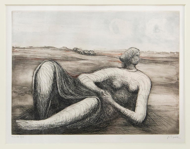 Henry Moore, Reclining Figure, etching, signed, 1977 - Beige Figurative Print by Henry Moore