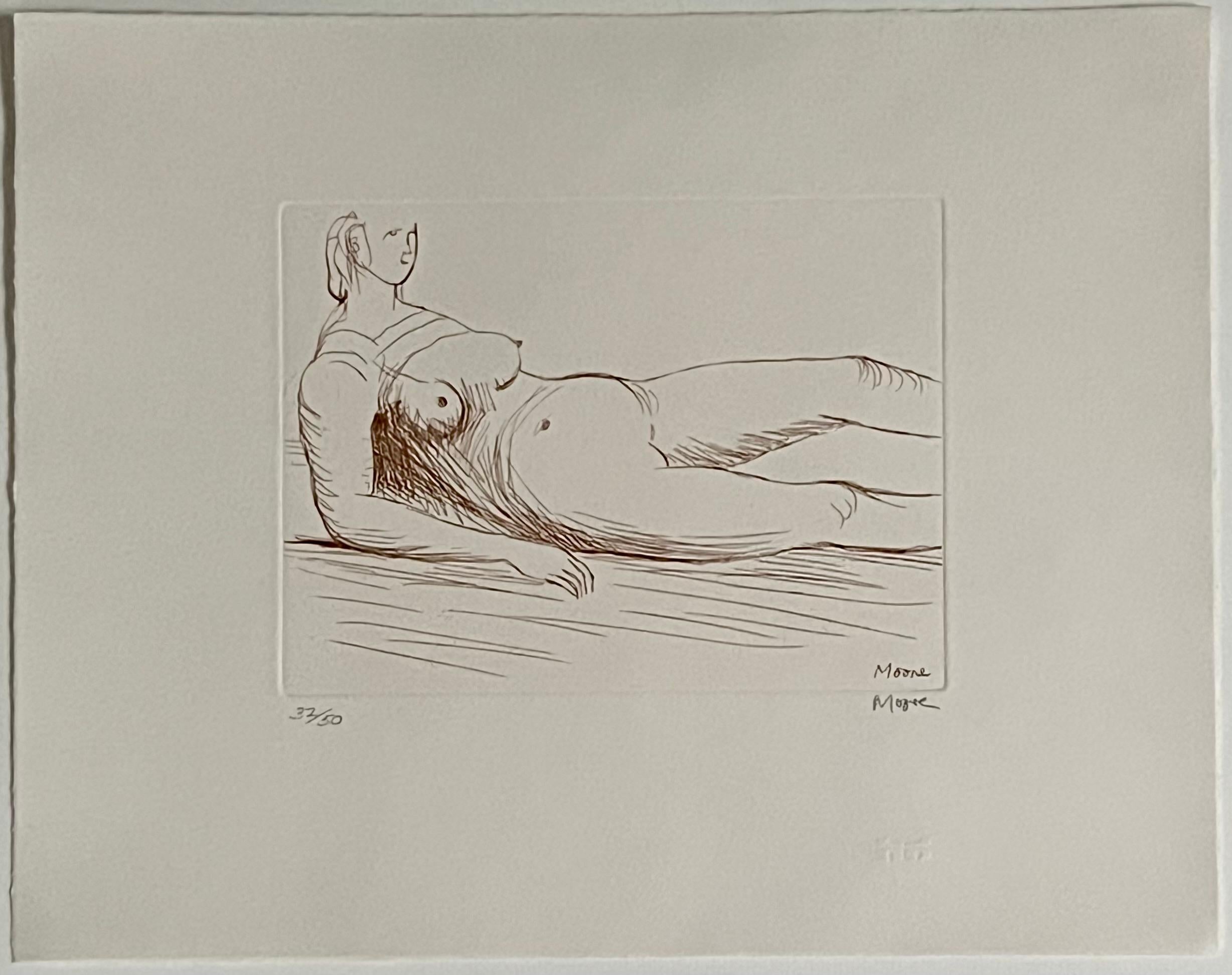 Henry Moore
Reclining Figure
Original etching in sepia, hand signed
1979
Image size: 12 5/8 x 15 7/8 inches
Framed Dimensions: 25 x 25 inches
Numbered 32/50 from the edition of 50 on arches paper
Referenced as #559 in "Henry Moore: The Graphic Work"