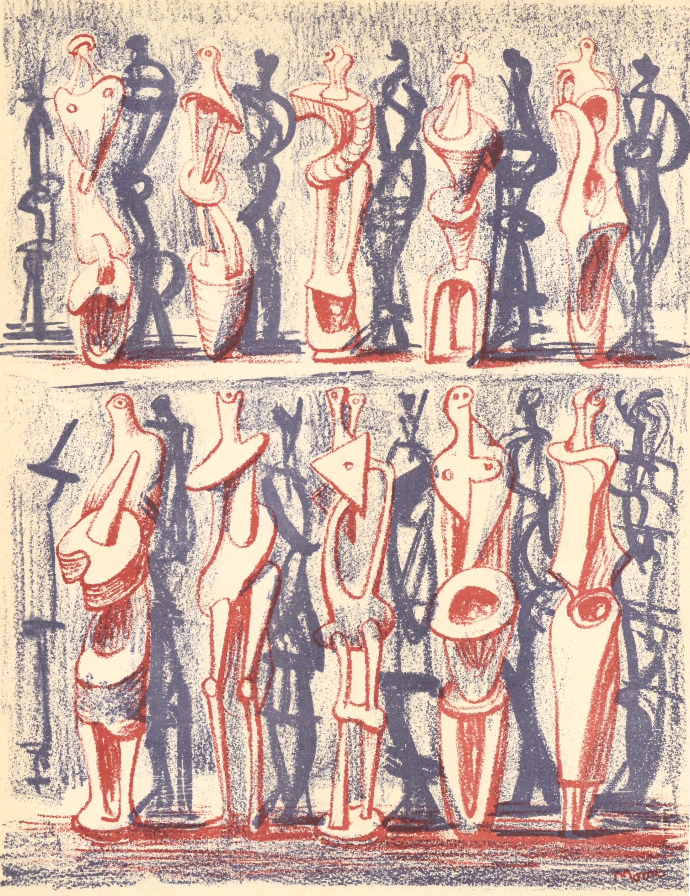 This exquisite lithograph by Henry Moore (1898–1986), titled Red and Blue Standing Figures, from the album XXe Siecle, Nouvelle serie, No. 1, 1951, originates from the 1951 edition published by Societe Internationale d
Art XXe Siecle, Paris, under