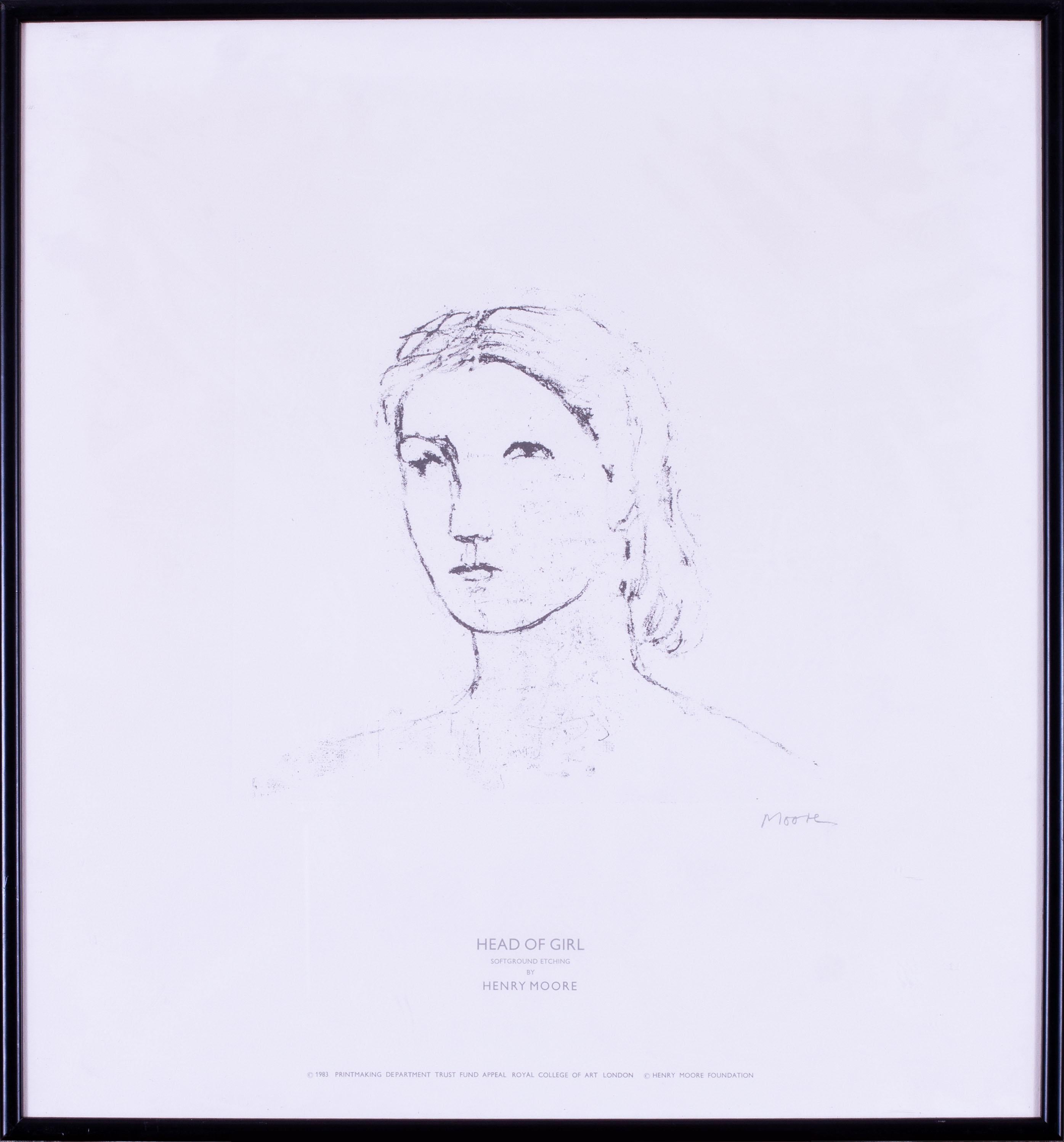 Henry Moore (Brite, 1898-1986)
Kopf eines Mädchens
Softground-Radierung 
mit Bleistift signiert `Moore' (unten rechts)
Konzipiert 1983 durch den Trust Fund Appeal der Abteilung Druckgrafik, The Royal College of Art, London, Henry Moore Foundation
