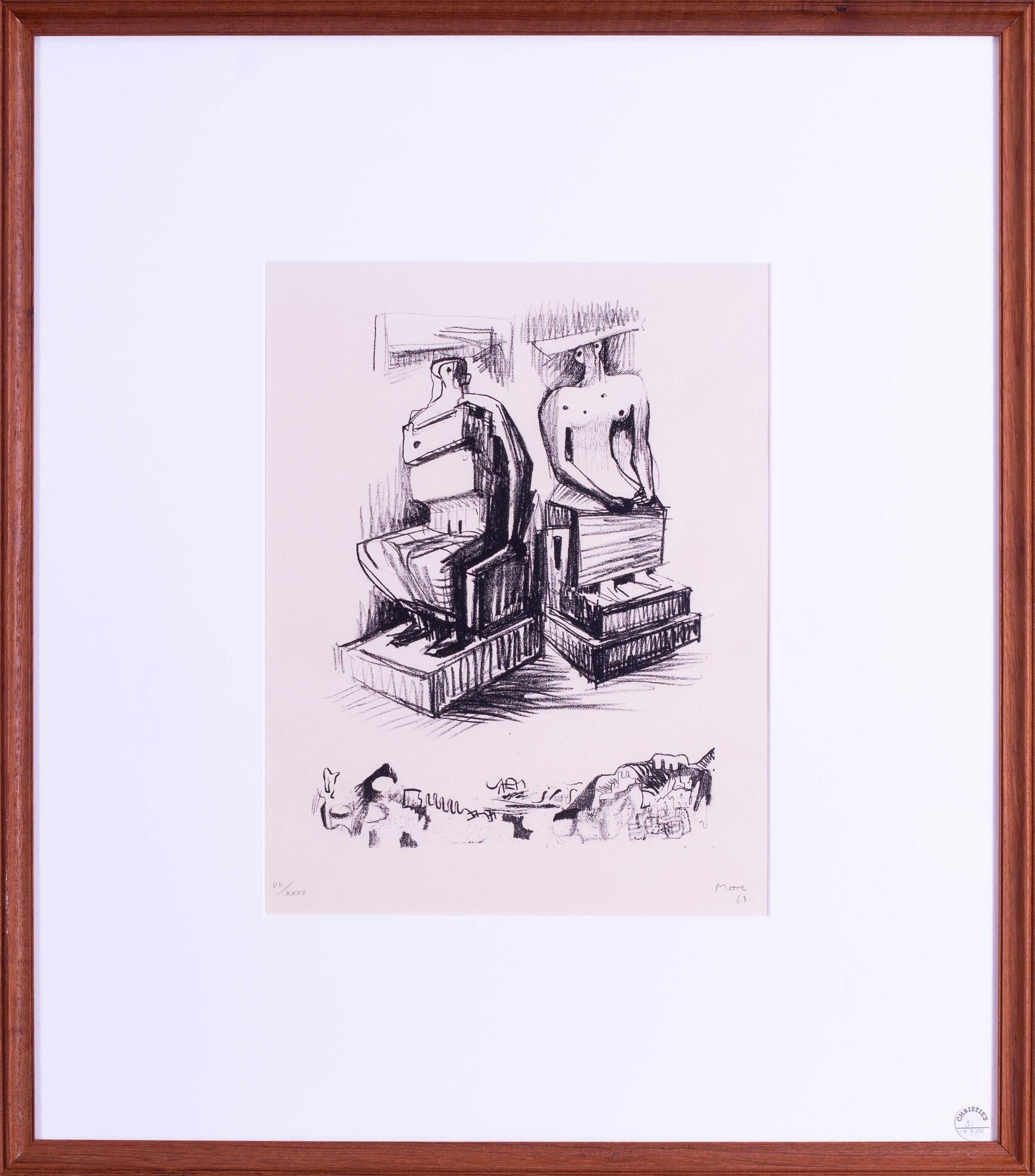 Henry Moore OM CH FBA (British, 1898 – 1986)
2 Seated figures in stone, 1963
Lithograph in black
Signed, numbered and dated ‘VII / XXXV…. Moore 63.’ (lower edge in pencil)
33 x 29.1/8 in. (84 x 74 cm.) (including frame)