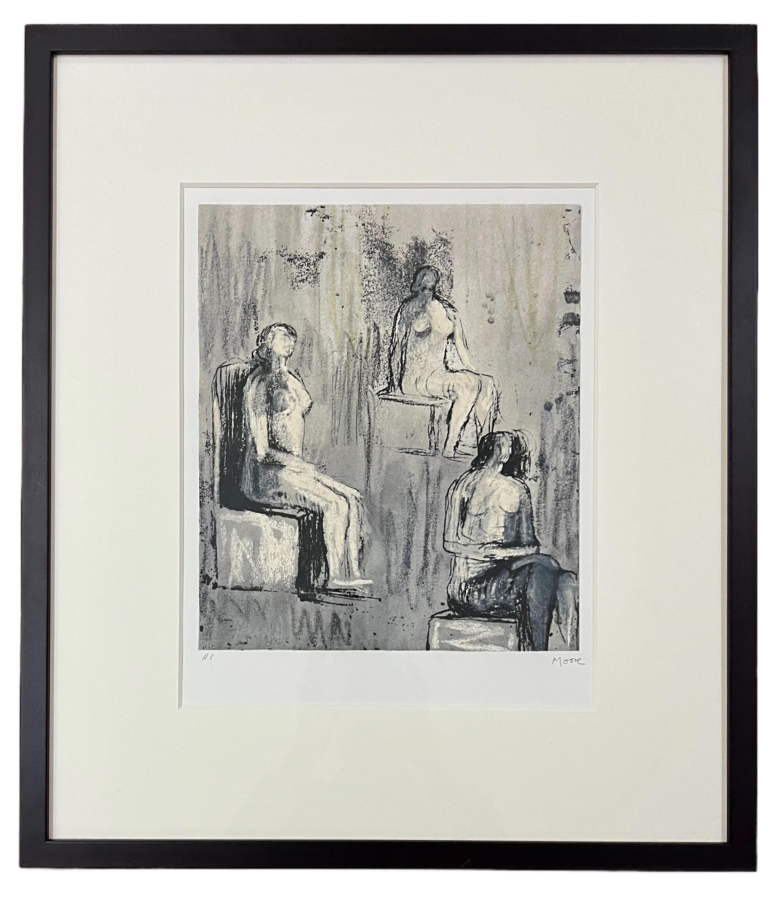 Three Seated Figures, 1981
Colour lithograph on paper.
Hand-signed and numbered by the artist.
55.9 x 44.8 cm - sheet size
H.C. aside from an edition of 50

Henry Moore
s (1898-1986) drawings and prints offer a unique perspective on his iconic