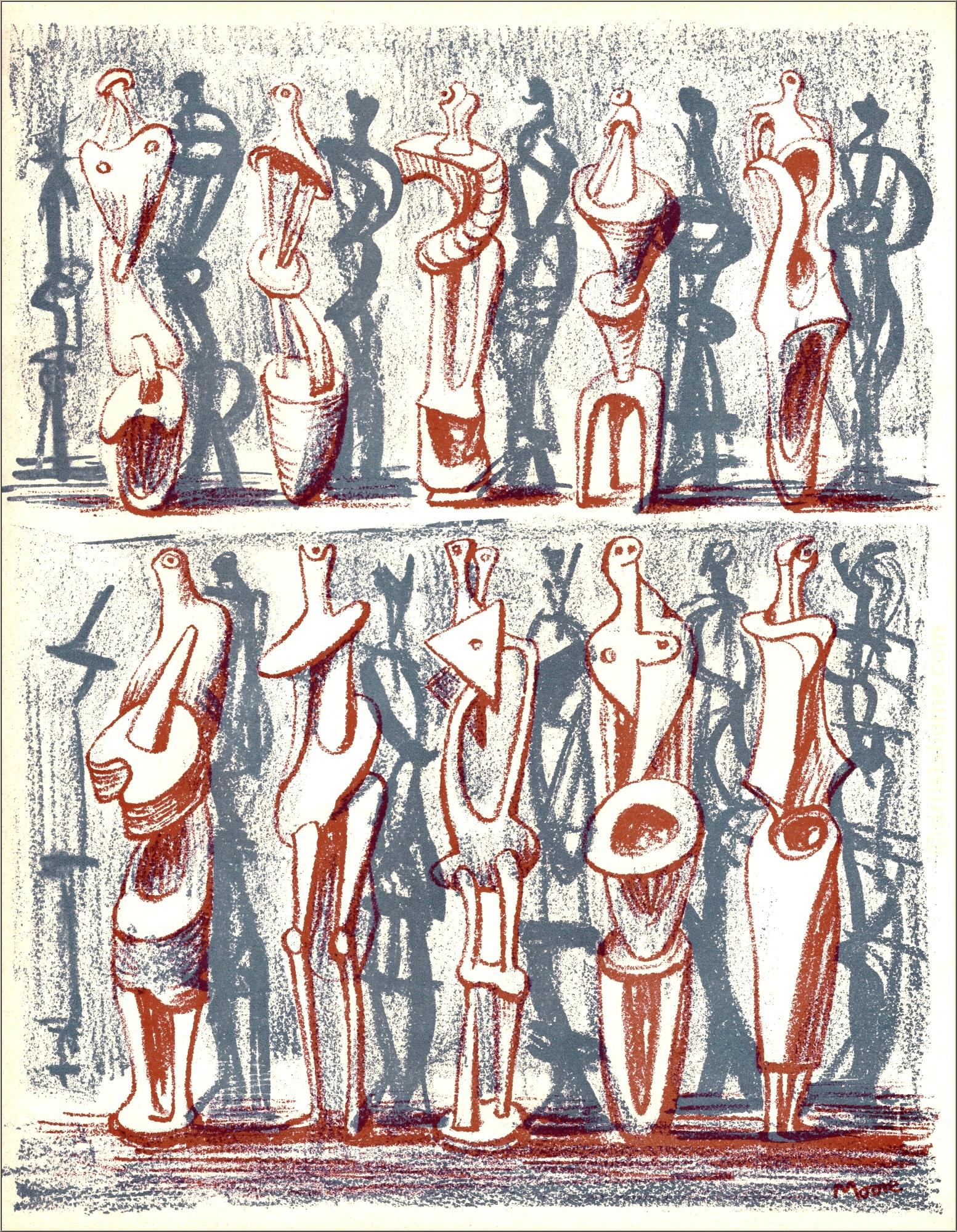 Henry Moore Figurative Print - Moore, Red and Blue Standing Figures (Cramer 36), XXe Siècle (after)