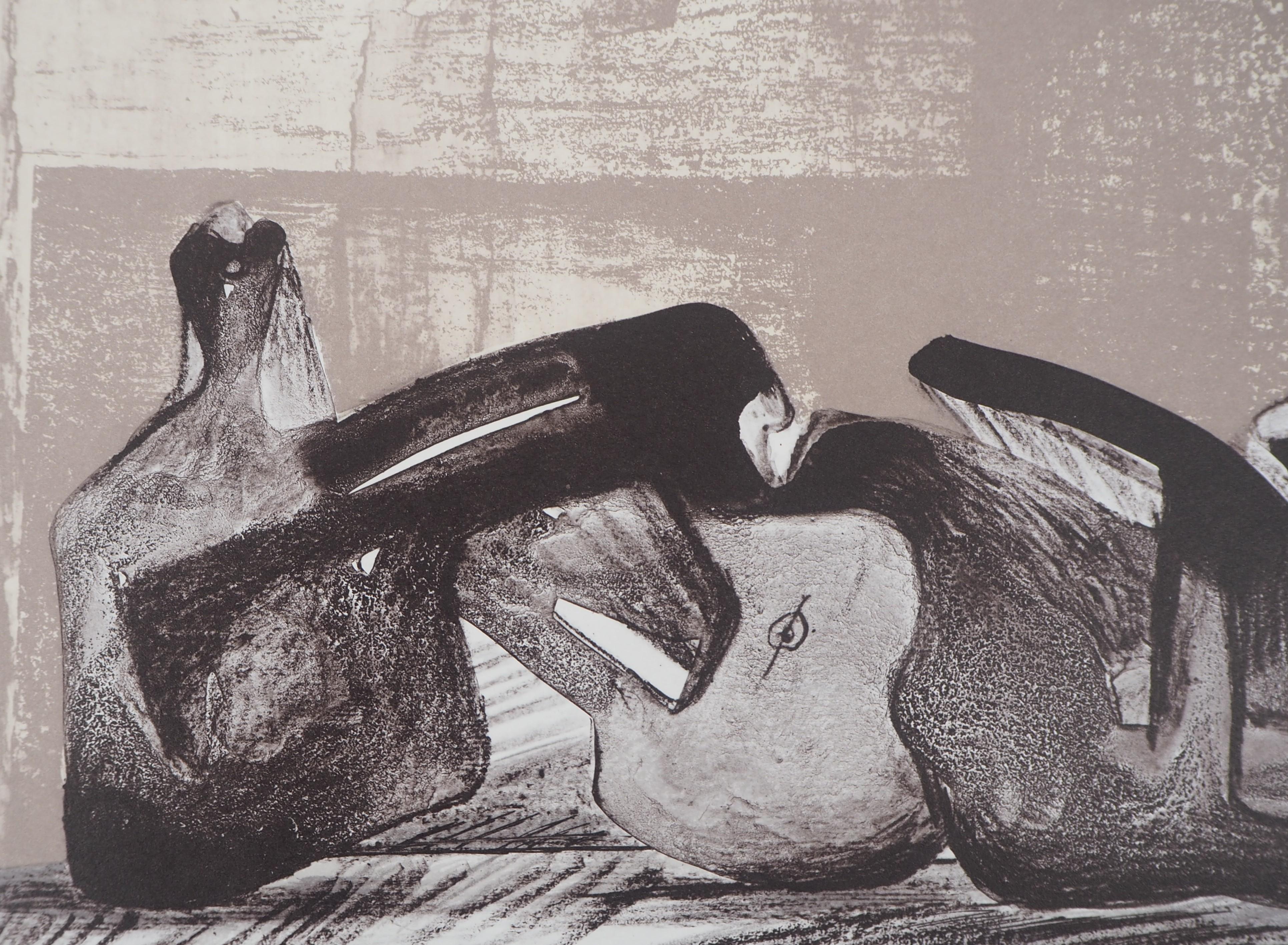 Reclining Figure - Original lithograph - Gray Nude Print by Henry Moore