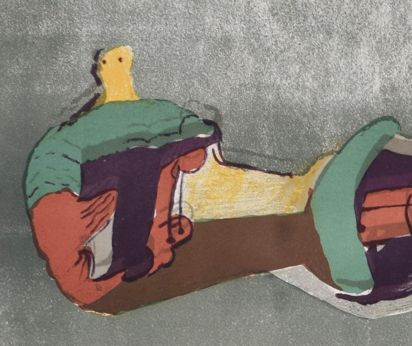 This original lithograph in colours is hand signed in pencil by the artist “Moore” at the lower right margin and dated “73” [1973] below the signature. 
This impression is inscribed “HC” and numbered in Arabic numerals from the edition of twenty
