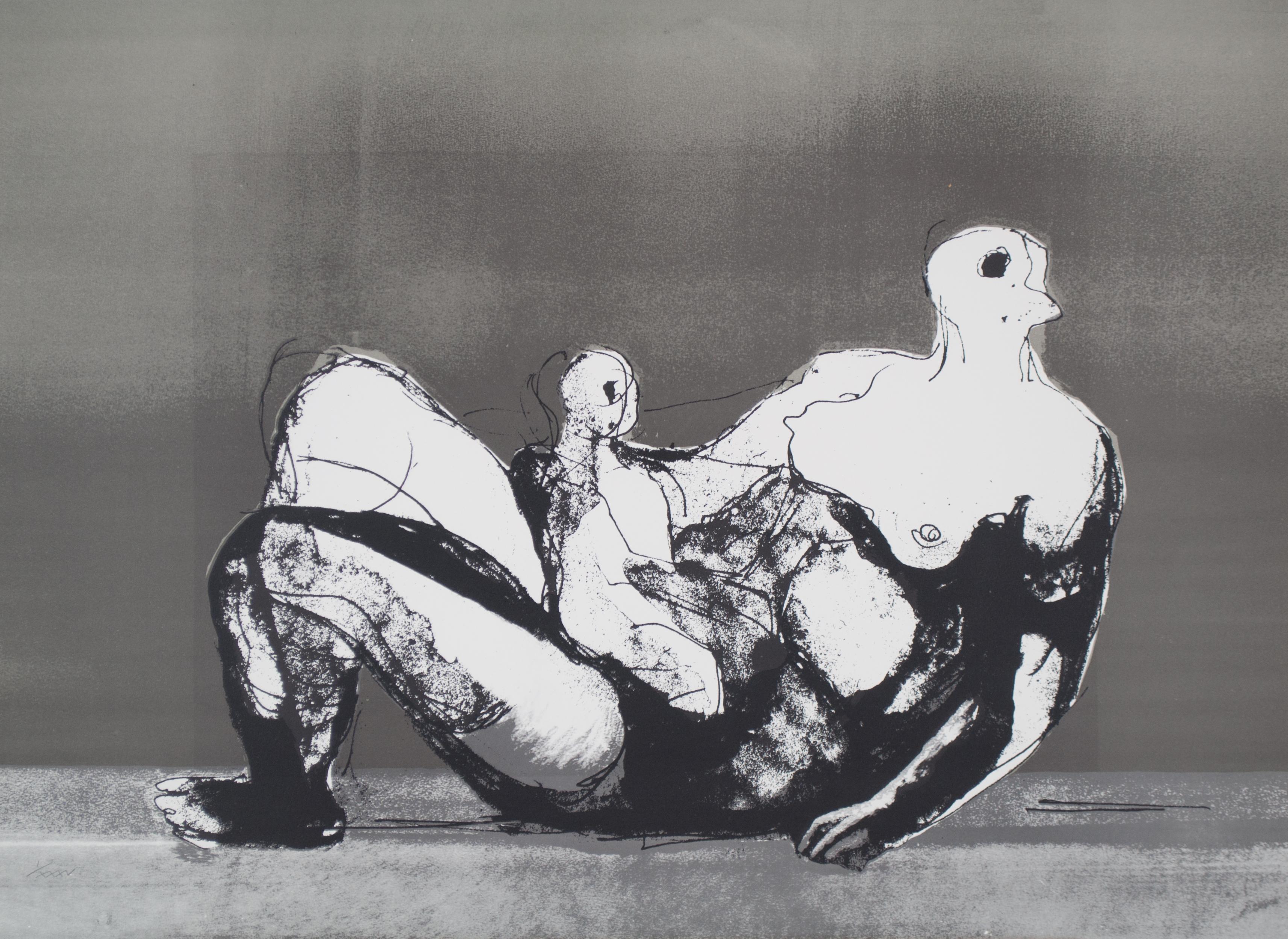 Henry Moore Figurative Print - Reclining mother and child with grey background