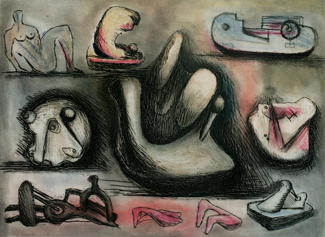 Henry Moore Abstract Print - Sculptural Ideas 6, Abstract Etching and Aquatint