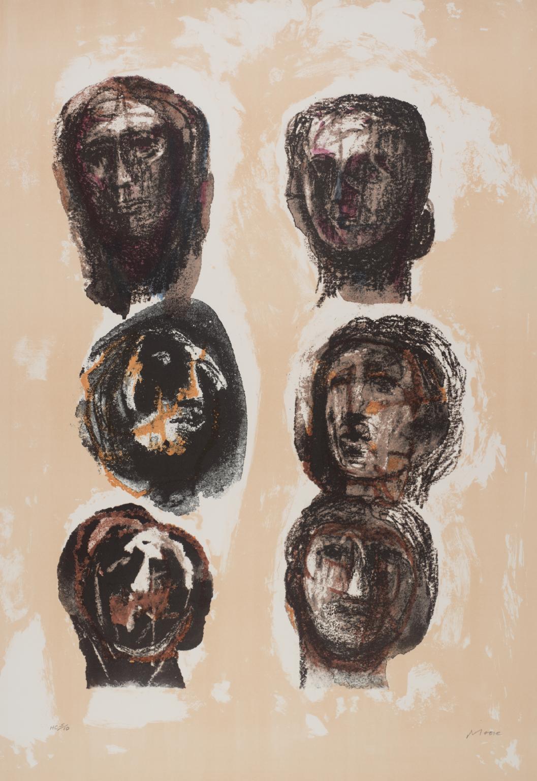 Henry Moore Figurative Print – SIX HEADS – OLYMPIANS