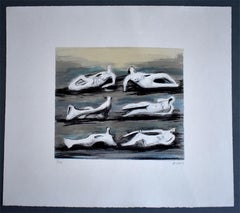 Six Reclining Figures with Blue Background - British Art, 20th Century, Litho