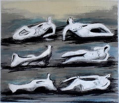 Six Reclining Figures with Blue Background - British Art, 20th Century, Litho