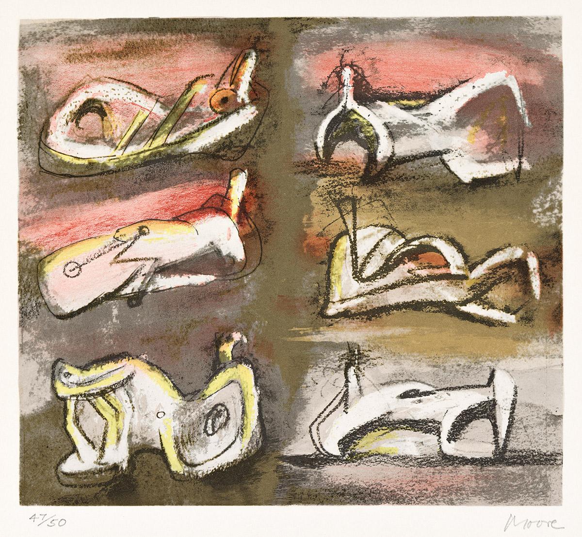 Henry Moore Print - Six Reclining Figures with Red Background
