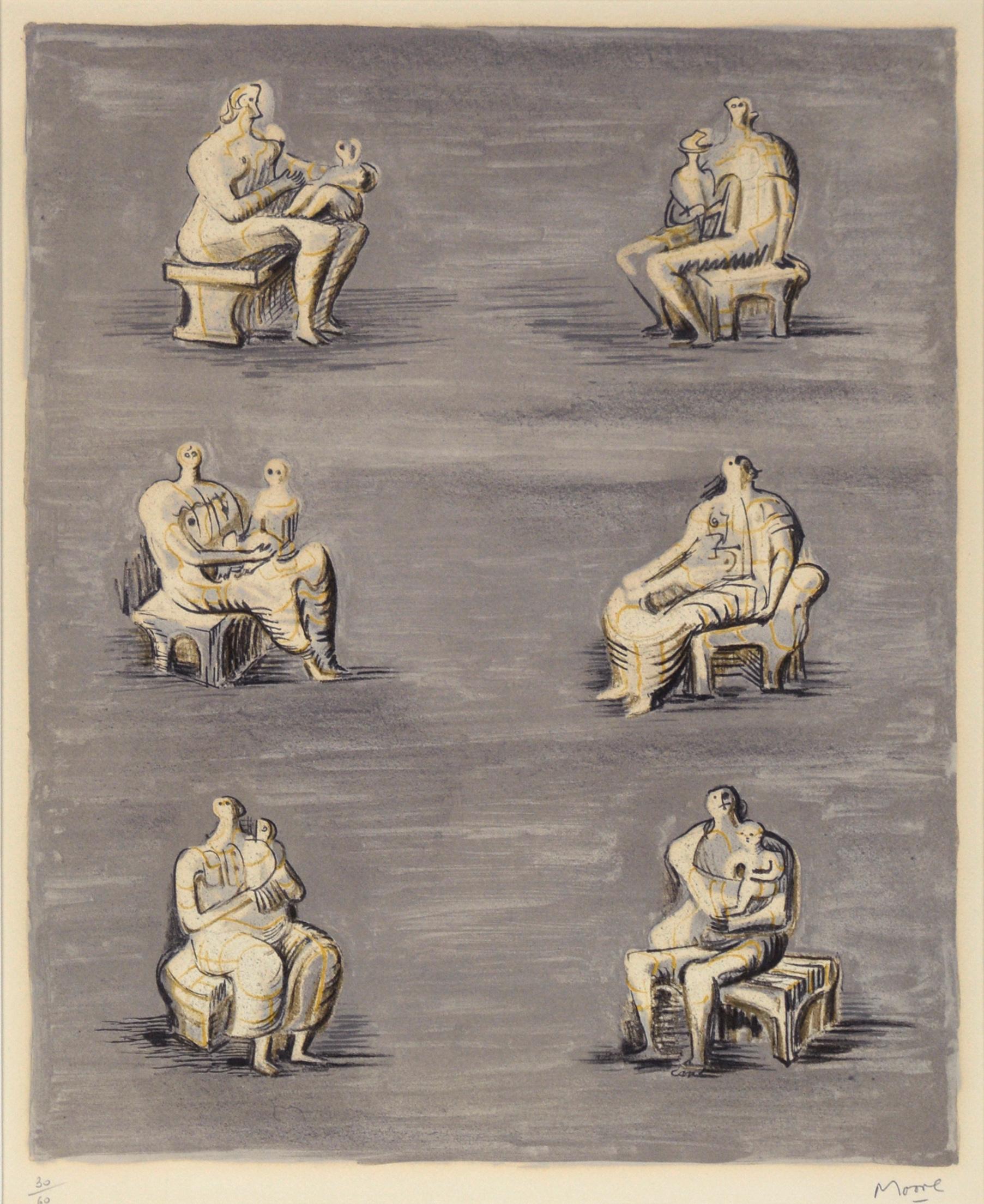 Estudios para escultura sobre fondo gris azulado - Litografía firmada, nº 30/60 - Print de Henry Moore