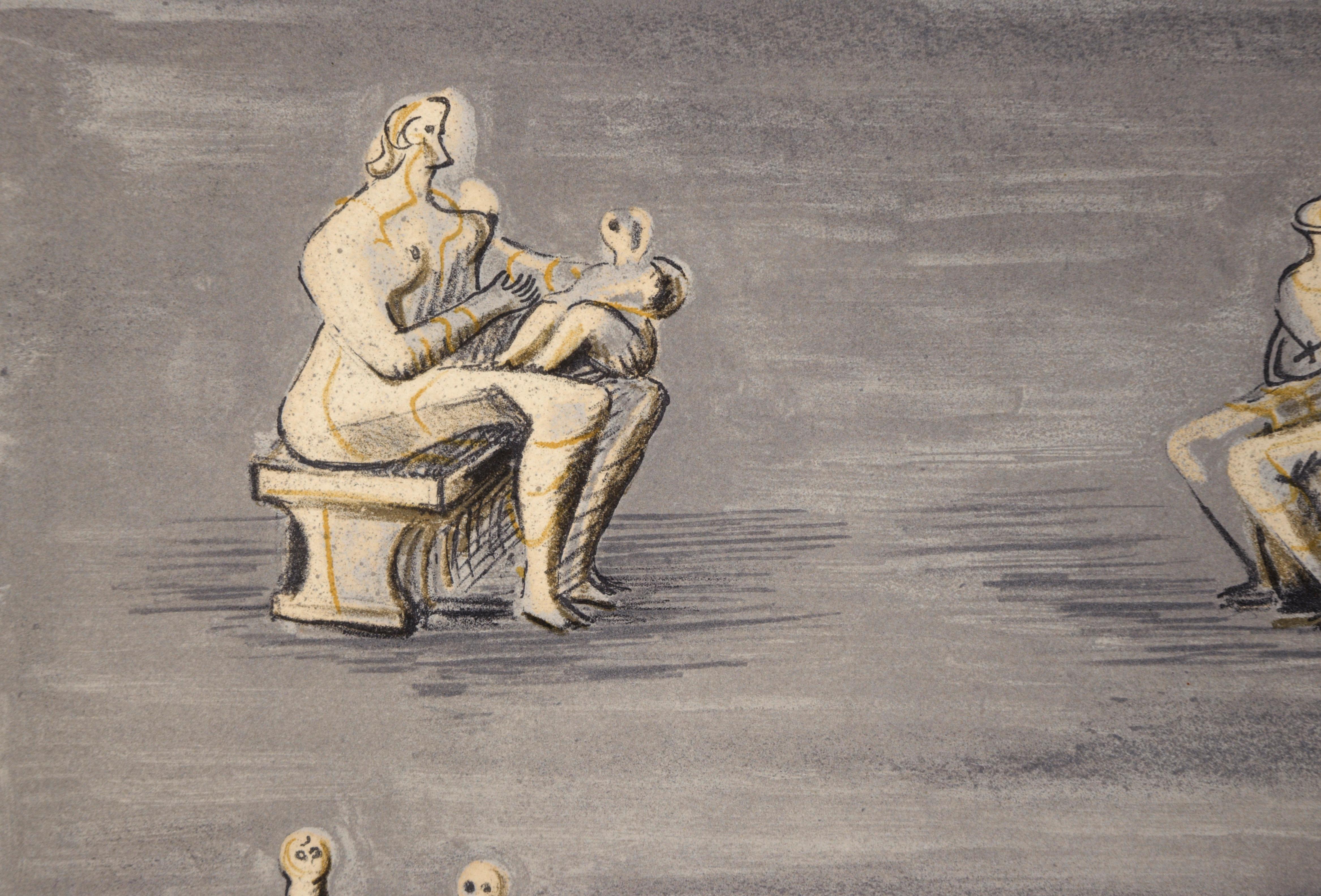 Estudios para escultura sobre fondo gris azulado - Litografía firmada, nº 30/60 - Print De la posguerra de Henry Moore
