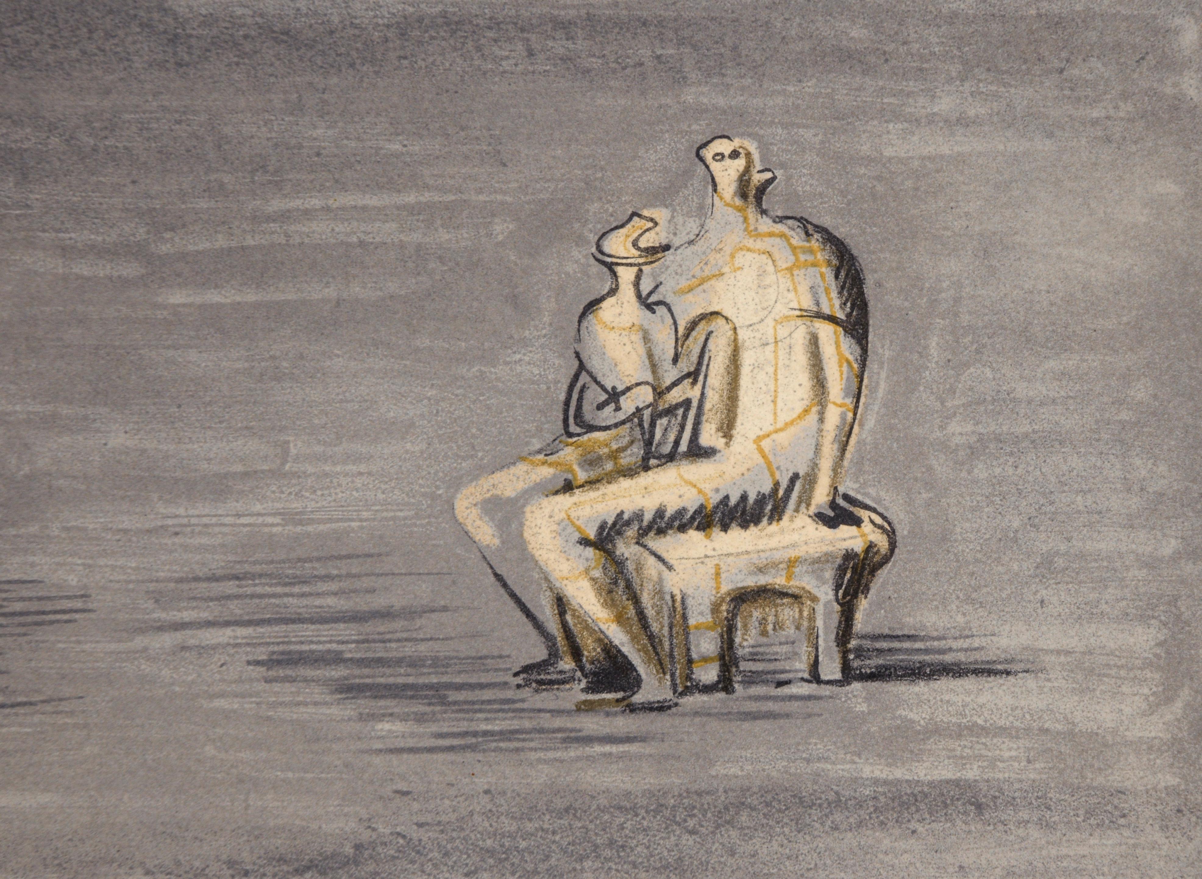 Estudios para escultura sobre fondo gris azulado - Litografía firmada, nº 30/60 - Figurative Print Gris de Henry Moore