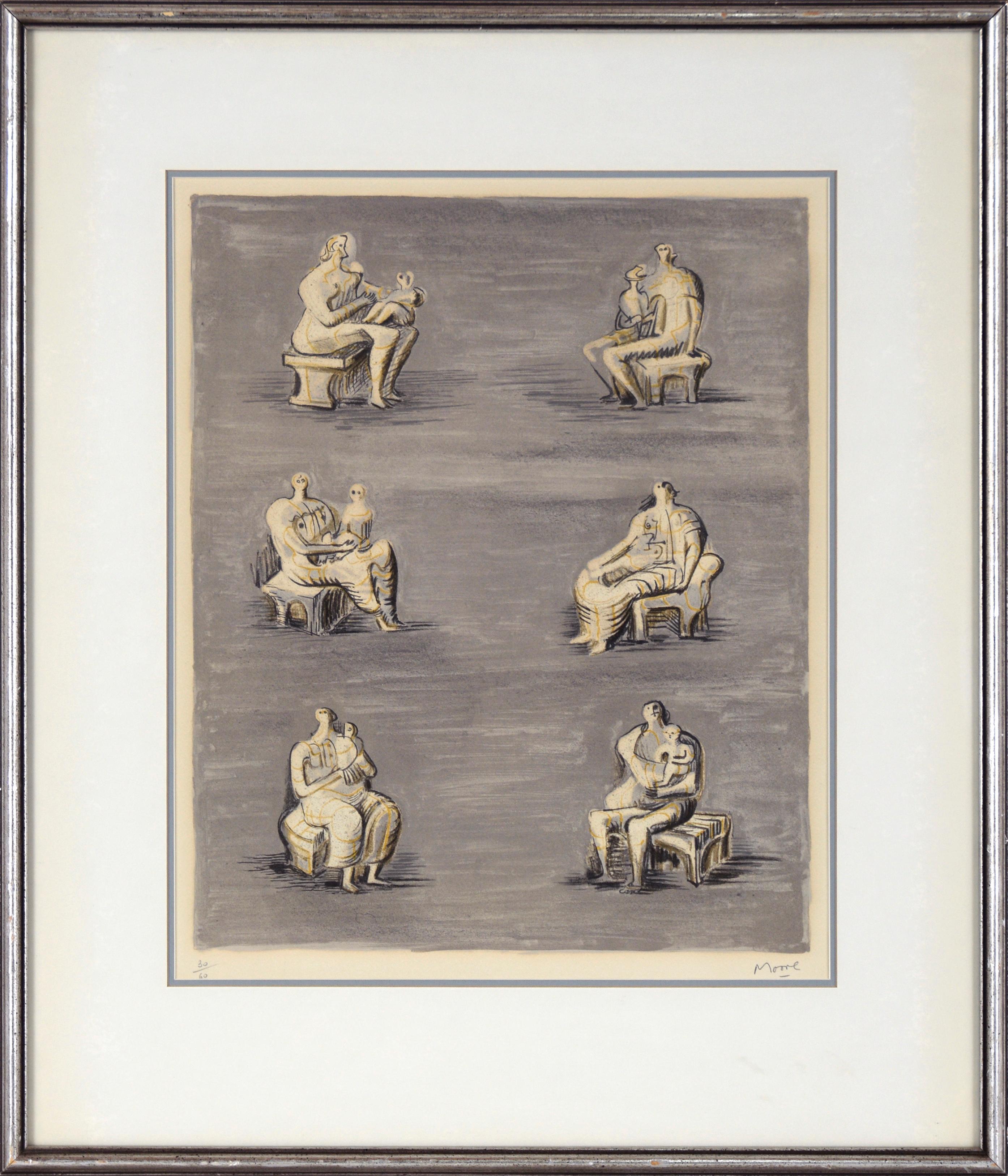 Figurative Print de Henry Moore - Estudios para escultura sobre fondo gris azulado - Litografía firmada, nº 30/60