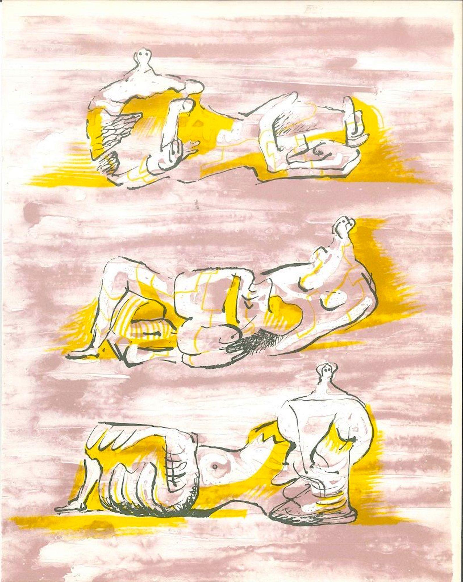 The Reclining Figures is a print realized by the British artist  Henry Moore (Castleford 1898 - Much Hadham 1986).

This color lithograph on paper, was edited by the French magazine "XXe Siécle", and published on the Panorama 71- , number issue