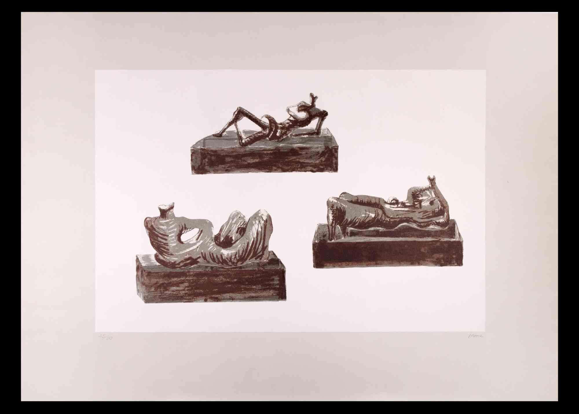 Three Reclining Figures  ia a Lithograph realized by Henry Moore in 1976.

Hand Signed. Edition of 50 prints.

Printed at the Curwen Studio and published by Rome’s Galleria Marino in 1976 in just 50 copies, Three Reclining Figures is a colour