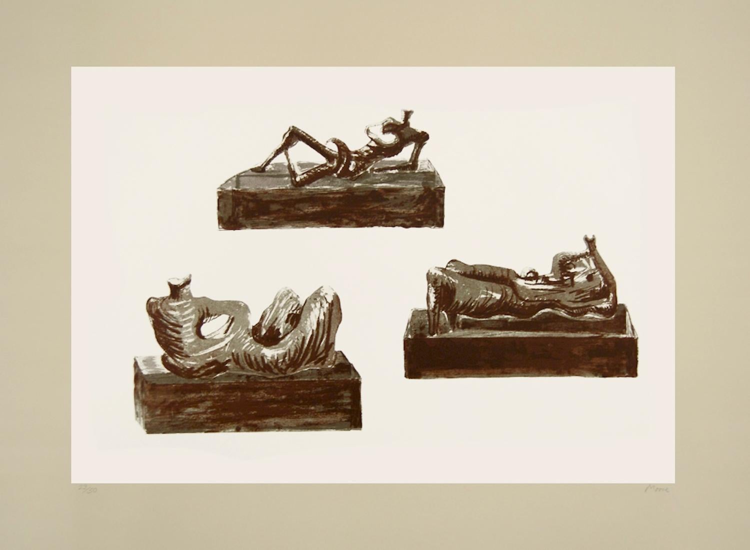 Trois personnages couchés sur piédestaux - Lithographie originale d'Henry Moore - 1976