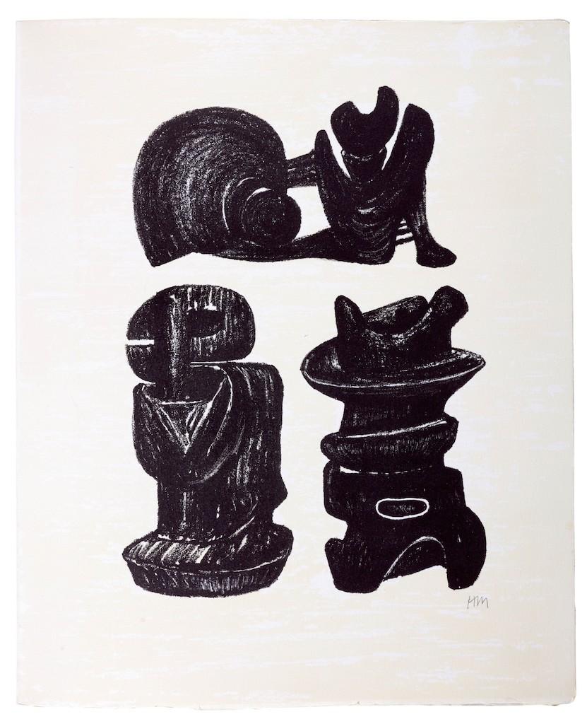 Three Sculptural Forms - Print by Henry Moore