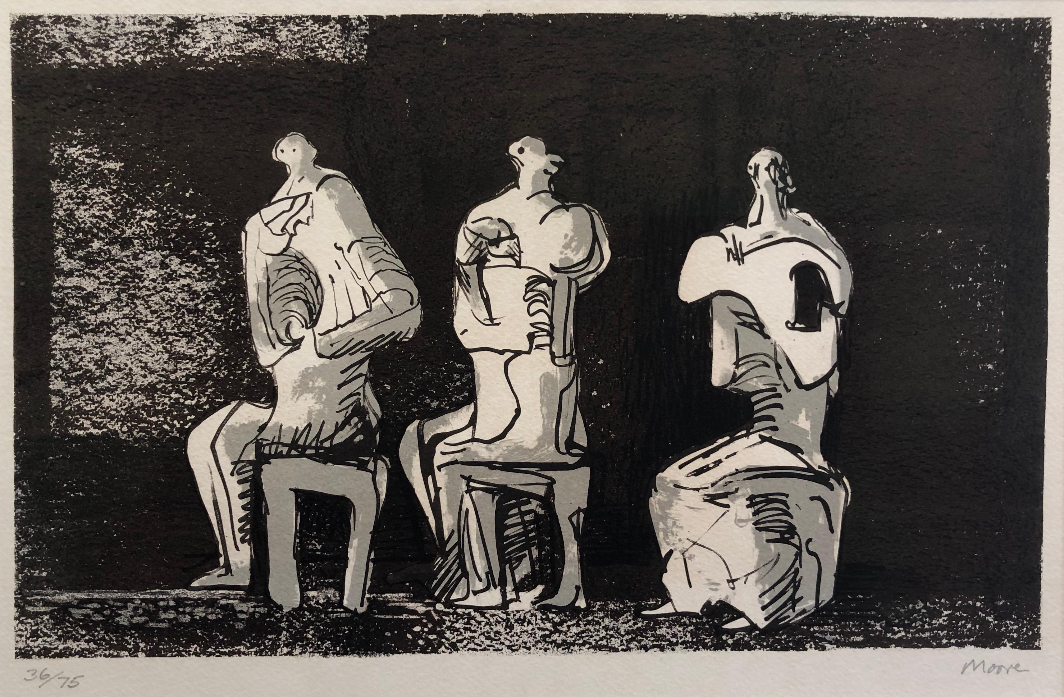 Drei sitzende Figuren – Print von Henry Moore