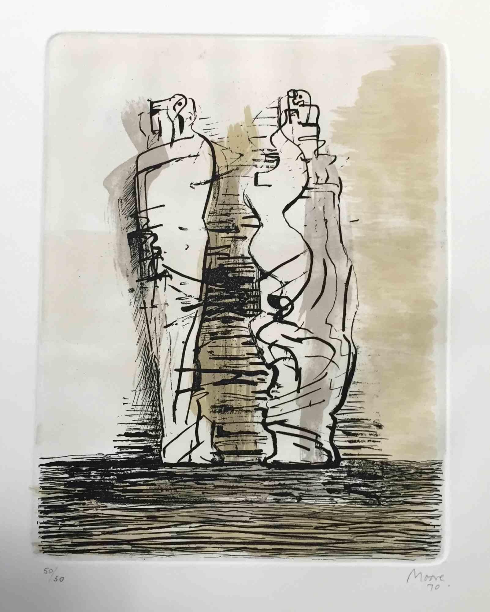 Two Draped Standing Figures - Lithograph and Etching by Henry Moore - 1970 1