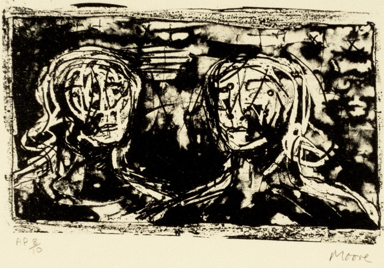 Deux têtes d'Henry Moore - Portrait abstrait de personnage en noir et blanc - Auden