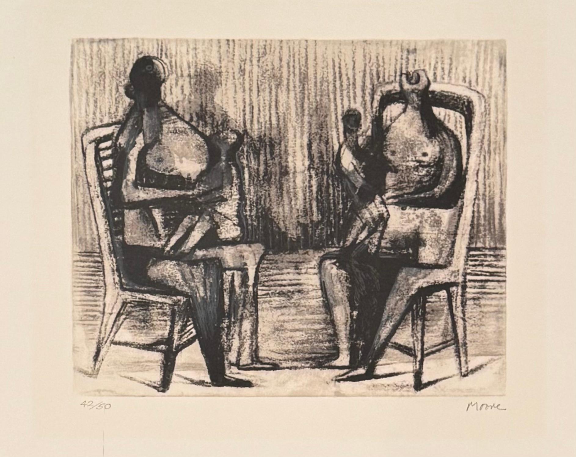 Dos figuras sentadas con niños