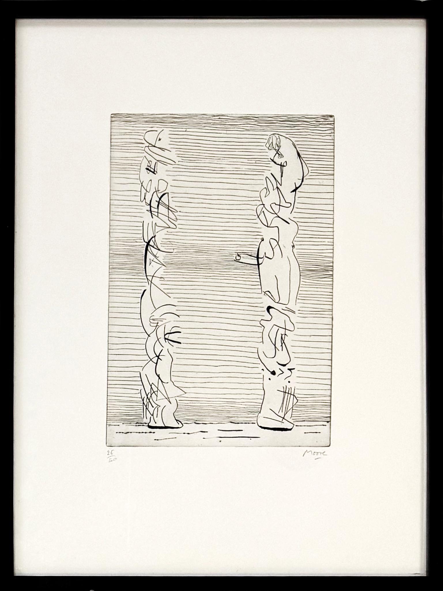 Henry Moore Figurative Print - Two Tall Figures, Man And Woman (framed hand signed etching)
