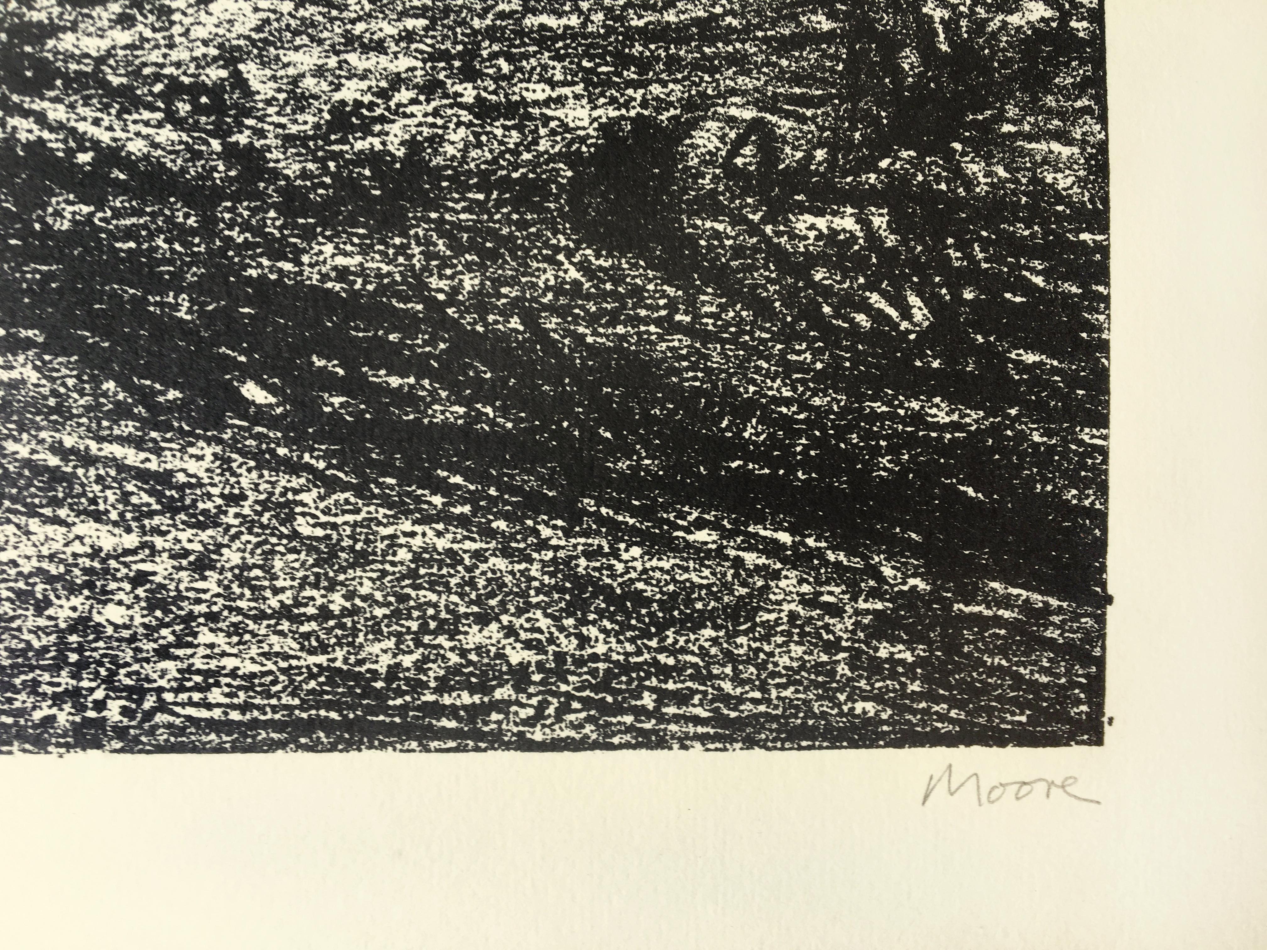One of a series of 18 lithographs drawn by the artist fo¬r the Auden Poems/Moore Lithographs 1974 book and portfolio. This work is from an edition of 25 printed on vellum aside from the portfolio (edition of 75) and the book. Signed by the artist