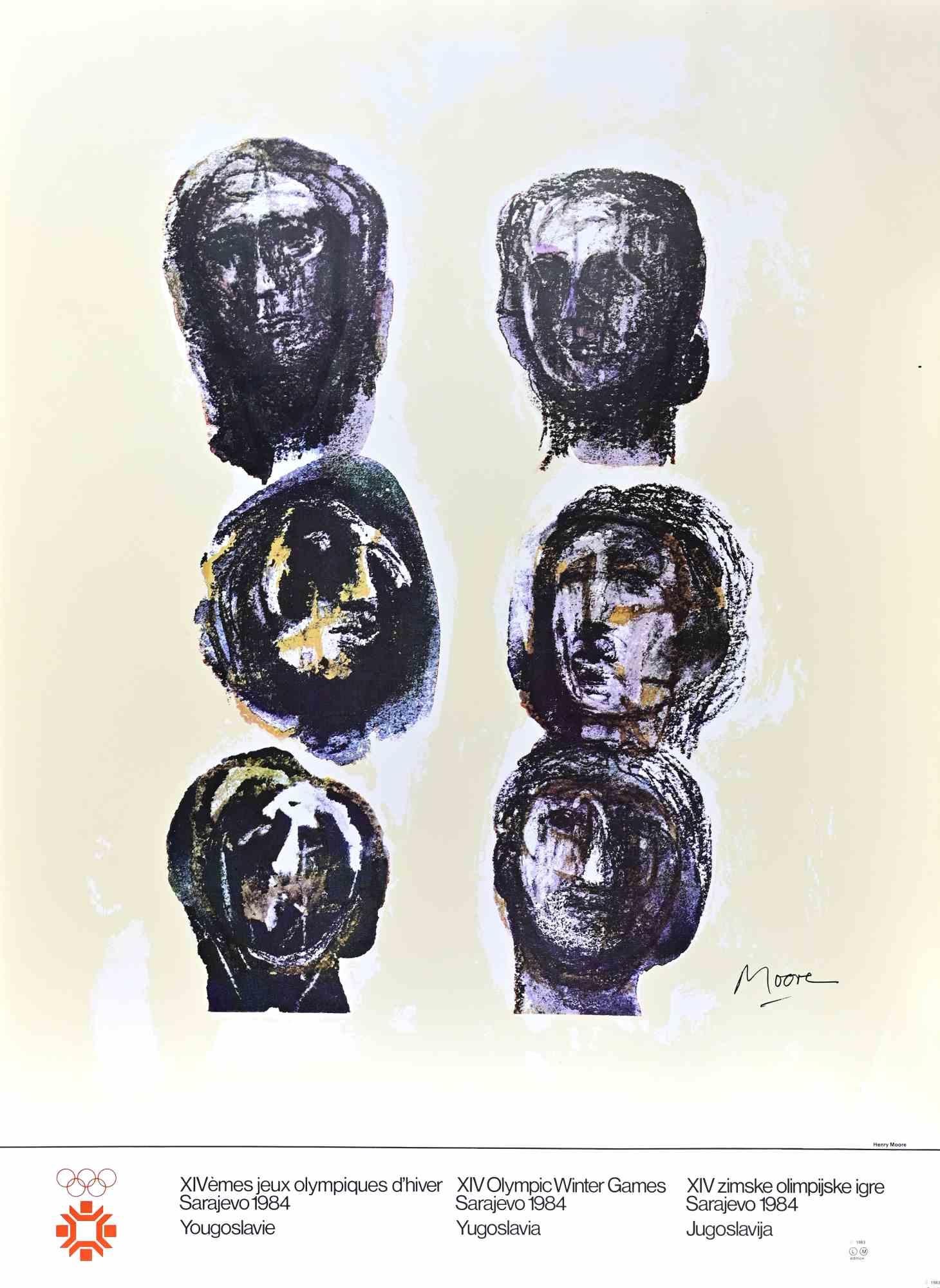 Vintage poster realized after Henry Moore, in occasion of the XIV Olympic Winter Games in Sarajevo, Yugoslavia.

Moore, celebrated for his monumental bronzes and expressive drawings, here translates his sculptural language into a powerful