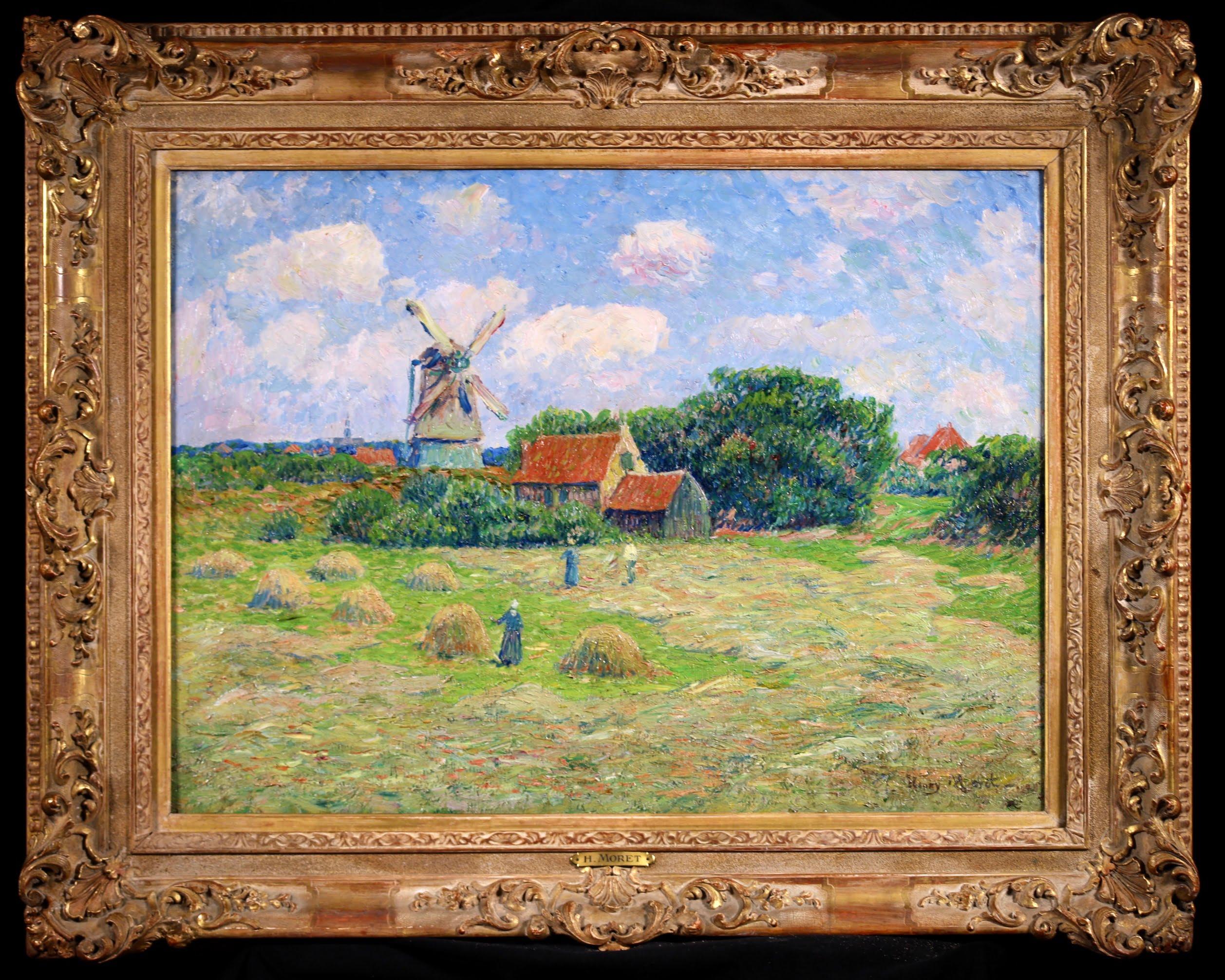 Signed oil on canvas landscape by French impressionist painter Henry Moret. The work depicts a view of workers harvesting on a farm in the village of Egmond aan Zee in the Netherlands. It is a bright summer's day and white clouds roll through the