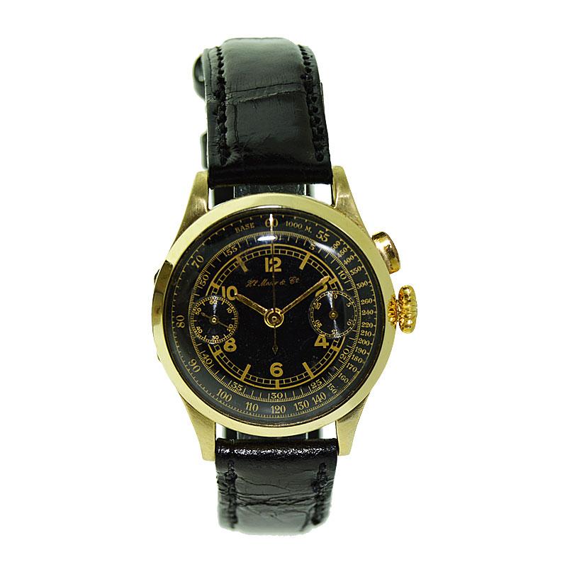 FACTORY / HOUSE: Henry moser Watch Company 
STYLE / REFERENCE: Mid Size Single Button Chronograph
METAL / MATERIAL: 14Kt. Solid Yellow Gold
CIRCA / YEAR: 1910's
DIMENSIONS / SIZE: 38mm X 32mm
MOVEMENT / CALIBER: Manual Winding / 17 Jewels / Single