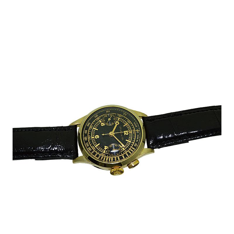 Art Deco Henry Moser 14 Karat Gold Chronograph with a Rare Original Black Dial