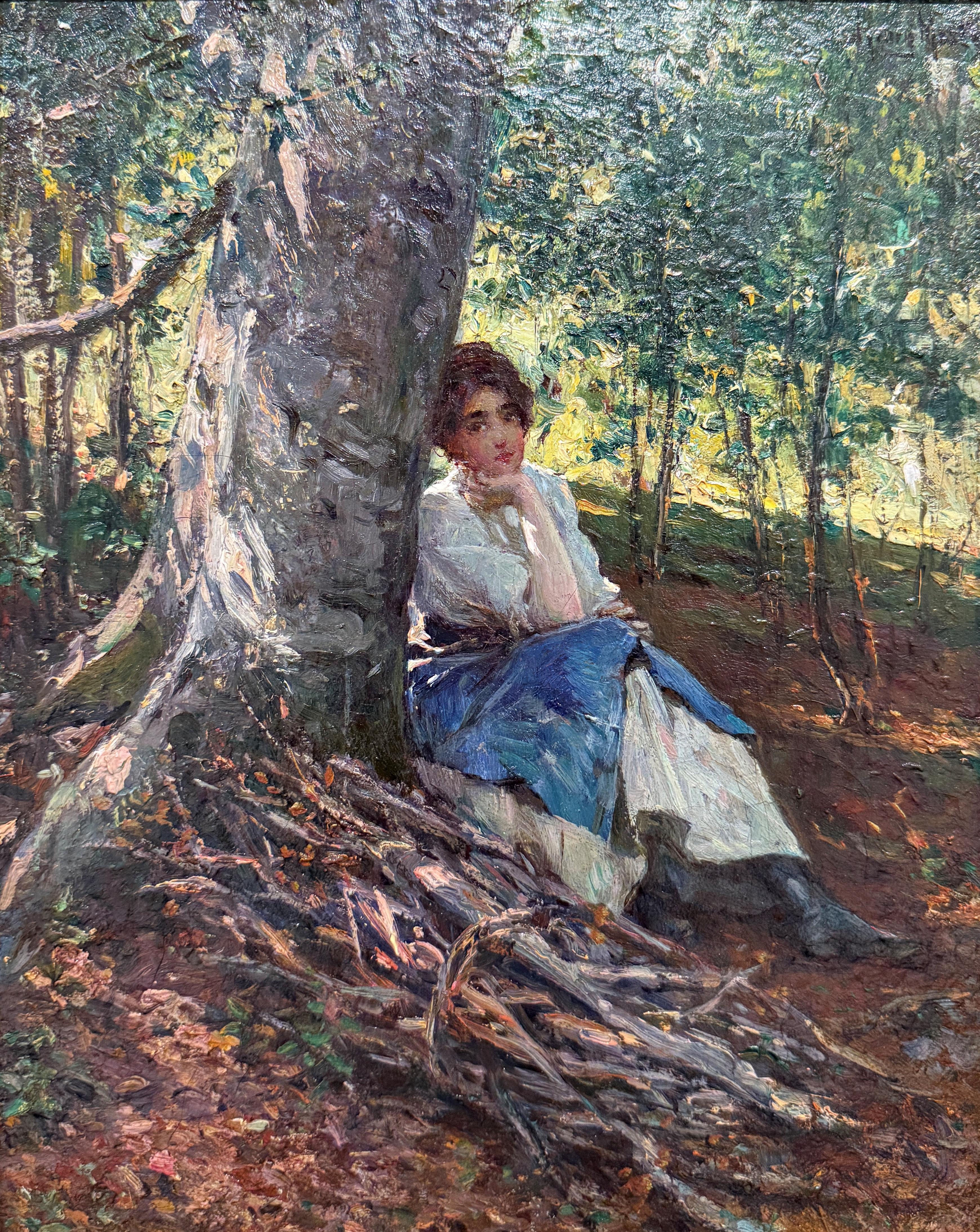 Henry Mosler
Woman Resting Beneath a Tree, circa 1900
Signed upper right: Henry Mosler
Oil on canvas
12 1/2 x 10 inches


Mosler was born in Tropplowitz, Silesia, Prussia (present-day Opawica, Poland), and moved with his family to New York in 1849,
