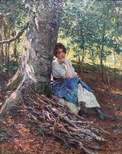 "Woman Resting Beneath a Tree" Henry Mosler, American Portrait in Landscape