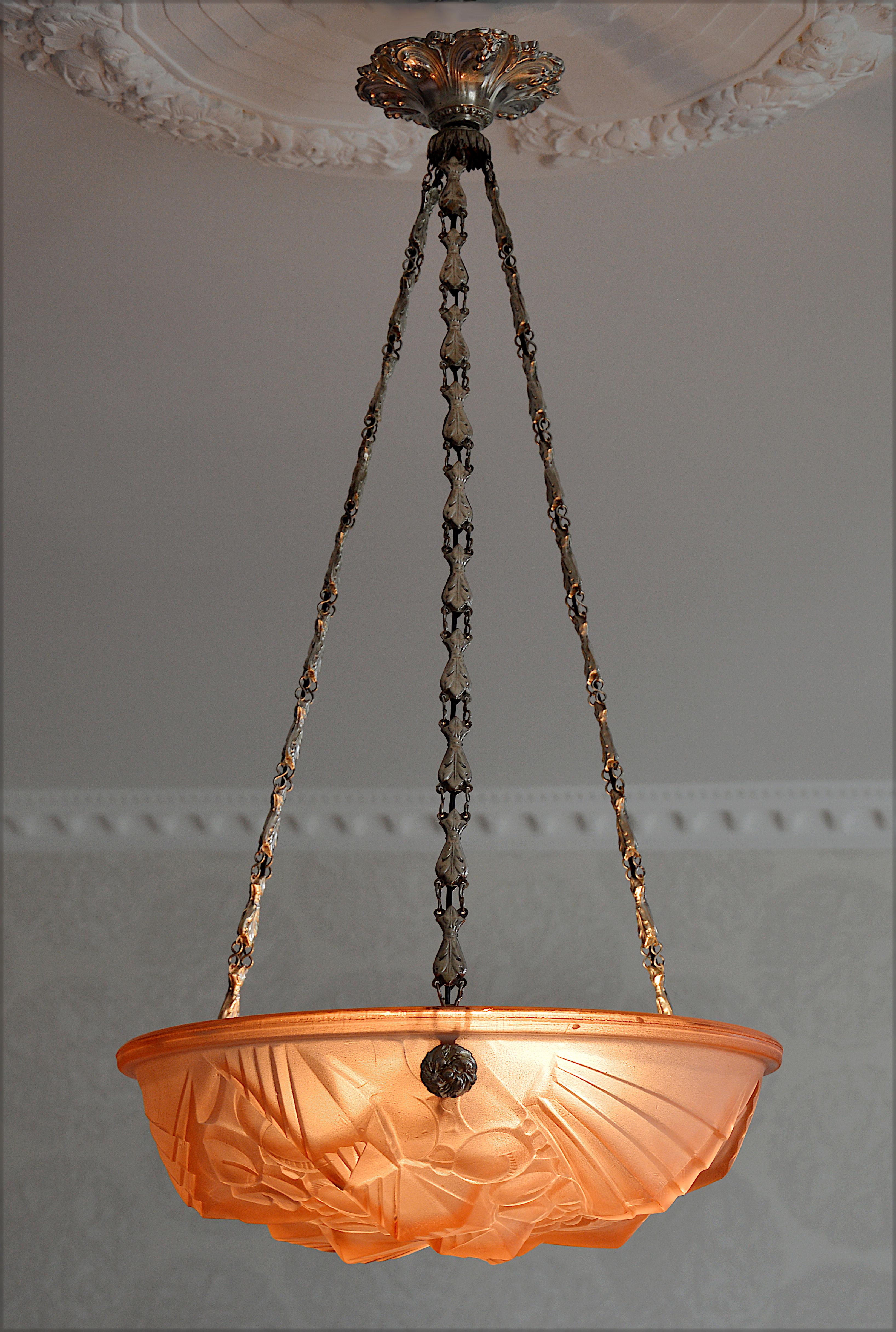 Brass Henry Mouynet French Art Deco Pink Pendant Chandelier, 1920s For Sale