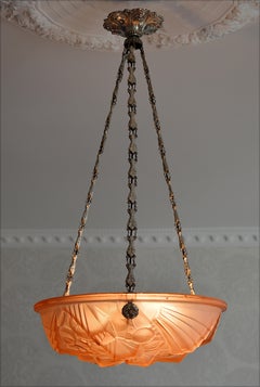 Henry Mouynet Rare Art Deco Pink Pendant Chandelier, 1920