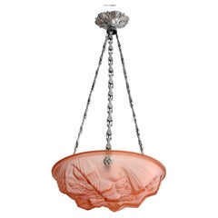 Henry Mouynet Rare Art Deco Pink Pendant Chandelier, 1920